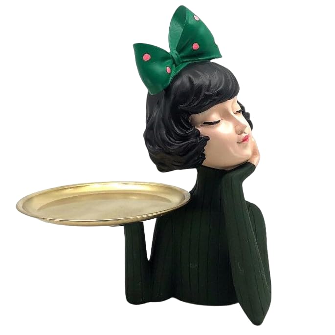 Handcrafted Girl Holding Tray Figure, Girl Sculpture With Tray Decor, Functional Girl Figurine With Tray, Decorative Girl Figurine For Gift, Girl Holding Tray Decor