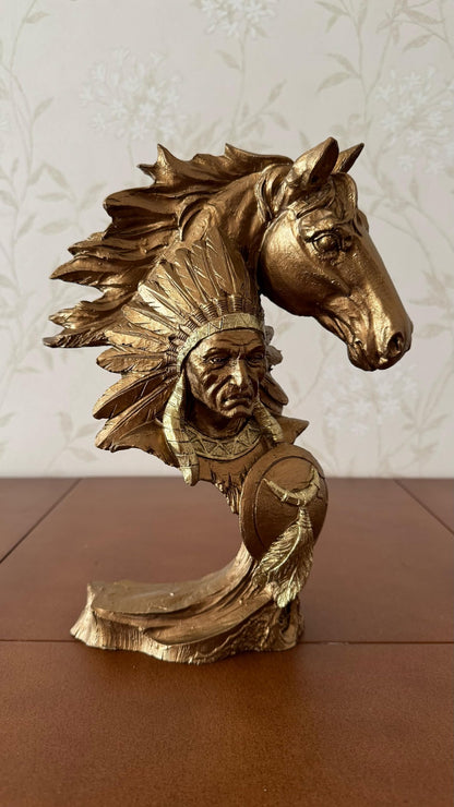 Indianerhäuptling und Pferdebüste Skulptur, Western Dekor, Indianerstatue, Indianerhäuptling Büste, Western Home Dekor, Indianerhäuptling Dekor, Indianerhäuptling Statue
