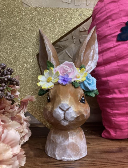 Hand-Painted Bunny Head Sculpture With Floral Crown, Whimsical Easter Decor, Bunny Head Sculpture, Easter Bunny Decor, Rabbit Head Decor, Easter Rabbit Decor, Rabbit Sculpture