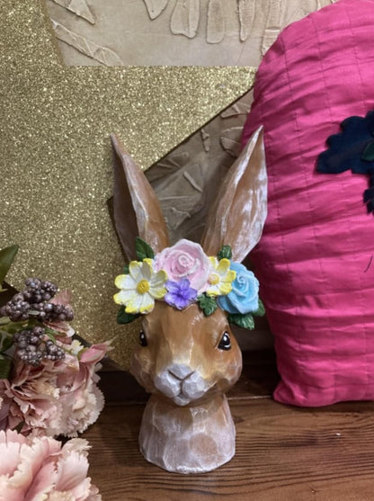 Hand-Painted Bunny Head Sculpture With Floral Crown, Whimsical Easter Decor, Bunny Head Sculpture, Easter Bunny Decor, Rabbit Head Decor, Easter Rabbit Decor, Rabbit Sculpture