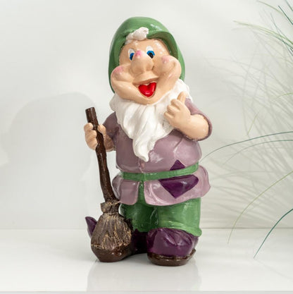 Happy Garden Gnome with Broom for Outdoor Decor, Garden Gnome Statue, Patio Gnome Figure, Gnome Decor, Broom Holding Gnome