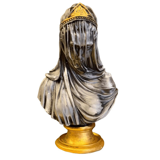 Büstenskulptur einer verschleierten Dame, Skulptur einer verschleierten Dame, Büste einer verschleierten Frau, klassische Büstenstatue, dekorative verschleierte Dame, elegante Innendekoration, Büste einer verschleierten Dame