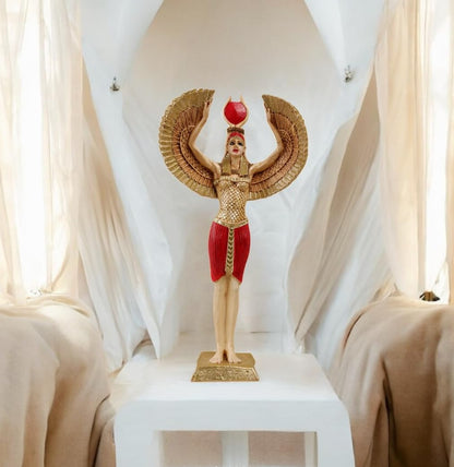 Ägyptische Isis-Statue mit offenen Flügeln, Ägyptische Isis-Statue mit Flügeln, Isis-Statue mit offenen Flügeln, Isis-Statue aus Polyester