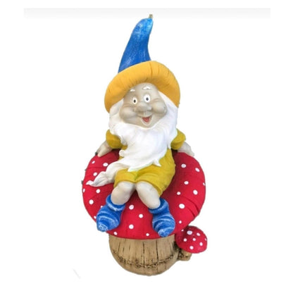 Garden Gnome Sitting on Red Mushroom Outdoor Decor, Garden Gnome Statue, Outdoor Garden Decor, Mushroom Gnome Figure, Fairy Garden Gnome, Garden Gnome Sculpture, Garden Gnome Decor