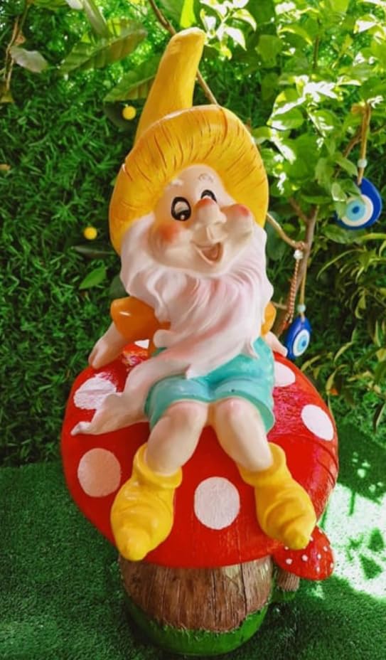 Garden Gnome Sitting on Red Mushroom Outdoor Decor, Garden Gnome Statue, Outdoor Garden Decor, Mushroom Gnome Figure, Fairy Garden Gnome, Garden Gnome Sculpture, Garden Gnome Decor