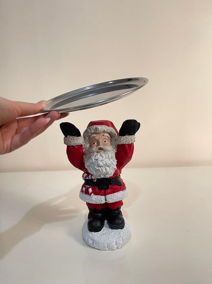 Santa Claus Tray Holder, Holiday Serving Stand, Santa Figurine with Metal Tray for Snacks & Sweets, Christmas Decoration, Santa Sculpture, Santa Claus Tray
