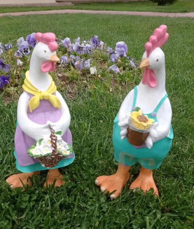 Farmhouse Chicken Decor, Charming Rooster and Hen Figurines Holding Flowers, Flower Holding Rooster, Cute Chicken Statues, Chicken Statue, Cockerel Decor, Cockerel Statue