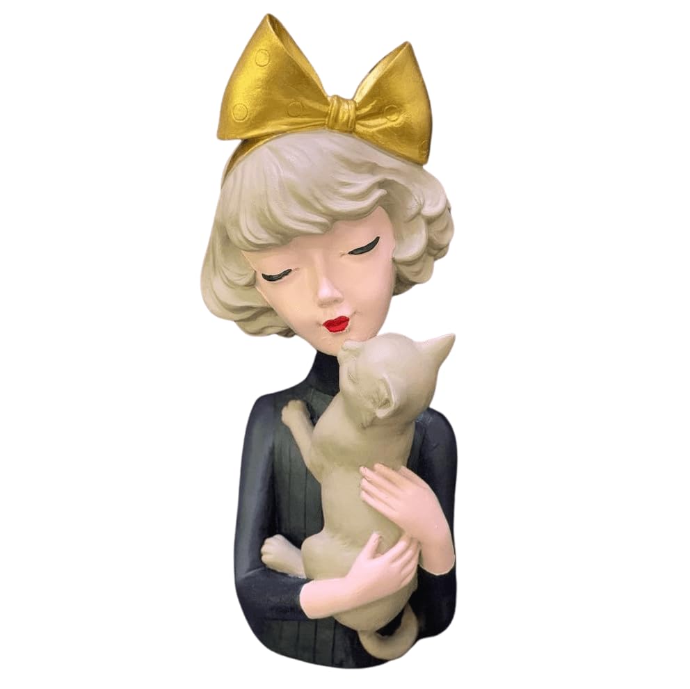 Girl With Cat Decor, Whimsical Decor Accent, Hand-painted Art Decor, Decorative Girl Statue, Cat Themed Home Decor, Girl and Pet Sculpture, Girl and Pet Decor