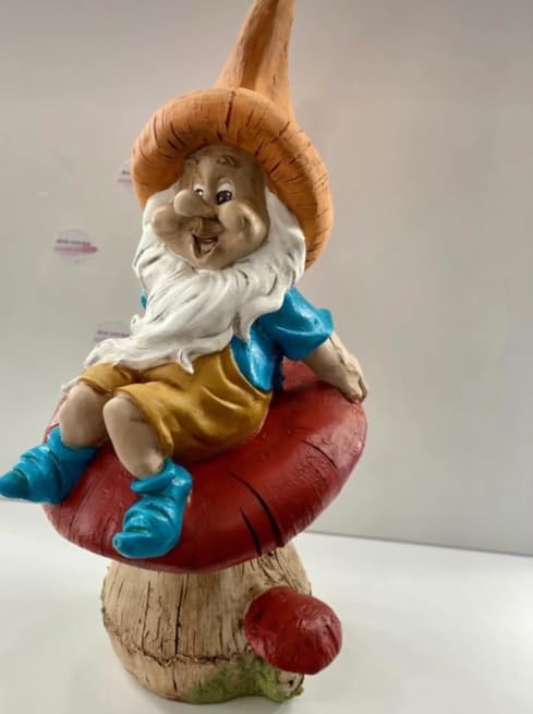 Garden Gnome Sitting on Red Mushroom Outdoor Decor, Garden Gnome Statue, Outdoor Garden Decor, Mushroom Gnome Figure, Fairy Garden Gnome, Garden Gnome Sculpture, Garden Gnome Decor