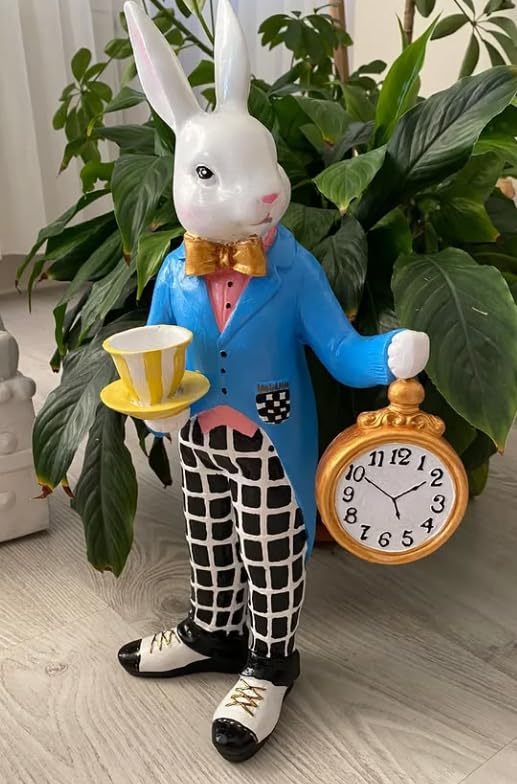 Alice in Wonderland Tea Time Rabbit Figurine, Rabbit Statue with Teacup & Clock, Rabbit Figurine, Wonderland Tea Party, Rabbit with Tea Cup