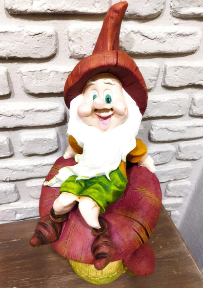 Garden Gnome Sitting on Red Mushroom Outdoor Decor, Garden Gnome Statue, Outdoor Garden Decor, Mushroom Gnome Figure, Fairy Garden Gnome, Garden Gnome Sculpture, Garden Gnome Decor