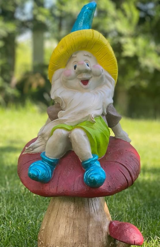 Garden Gnome Sitting on Red Mushroom Outdoor Decor, Garden Gnome Statue, Outdoor Garden Decor, Mushroom Gnome Figure, Fairy Garden Gnome, Garden Gnome Sculpture, Garden Gnome Decor