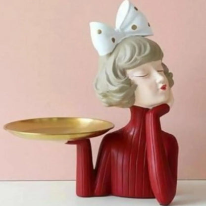 Handcrafted Girl Holding Tray Figure, Girl Sculpture With Tray Decor, Functional Girl Figurine With Tray, Decorative Girl Figurine For Gift, Girl Holding Tray Decor