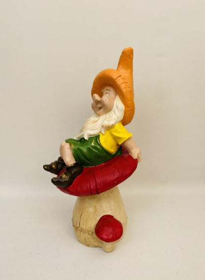 Garden Gnome Sitting on Red Mushroom Outdoor Decor, Garden Gnome Statue, Outdoor Garden Decor, Mushroom Gnome Figure, Fairy Garden Gnome, Garden Gnome Sculpture, Garden Gnome Decor