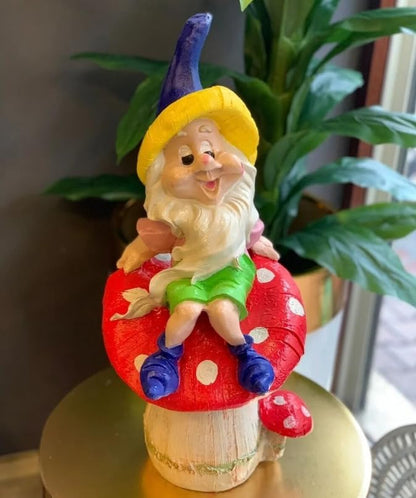 Garden Gnome Sitting on Red Mushroom Outdoor Decor, Garden Gnome Statue, Outdoor Garden Decor, Mushroom Gnome Figure, Fairy Garden Gnome, Garden Gnome Sculpture, Garden Gnome Decor