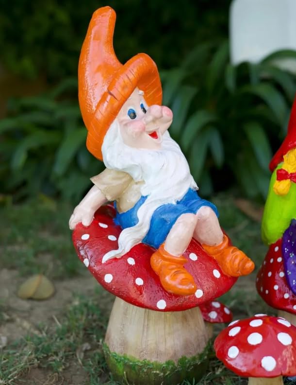 Garden Gnome Sitting on Red Mushroom Outdoor Decor, Garden Gnome Statue, Outdoor Garden Decor, Mushroom Gnome Figure, Fairy Garden Gnome, Garden Gnome Sculpture, Garden Gnome Decor
