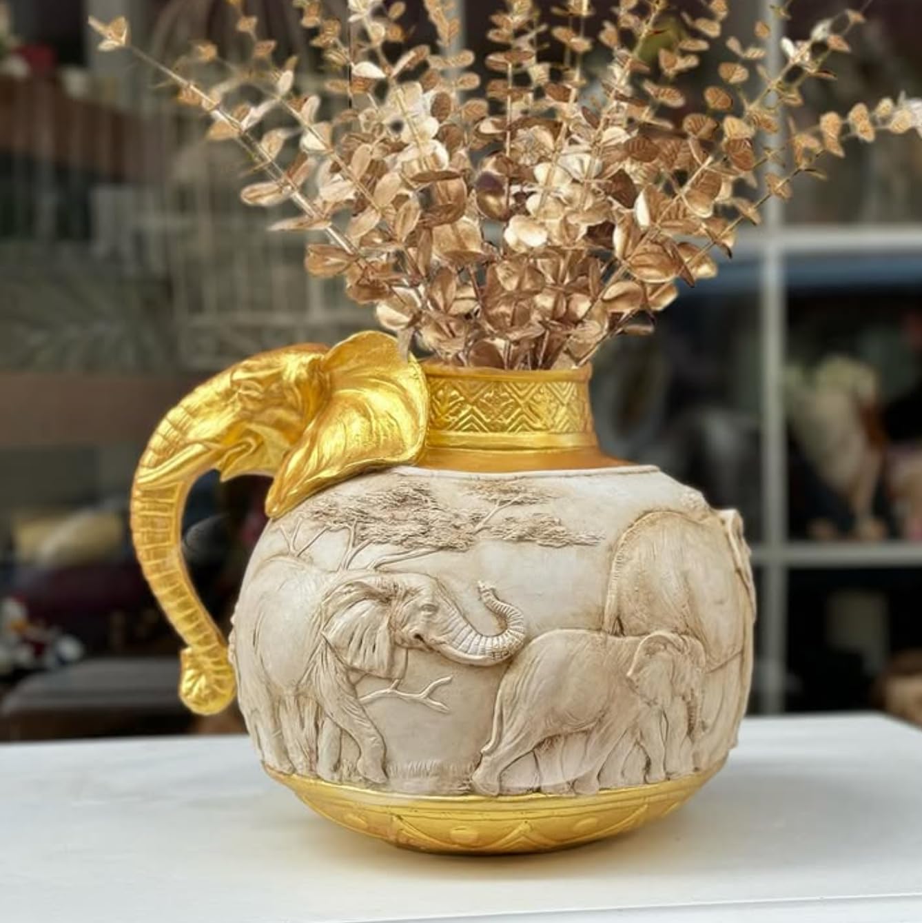 Elefantenvase, handgefertigtes Safari-Dekor, Wildlife Art Decor, Elefanten-Henkelvase, exotisches Wohndekor, Elefantenvase-Dekor, afrikanische Vase, Wildlife Vase