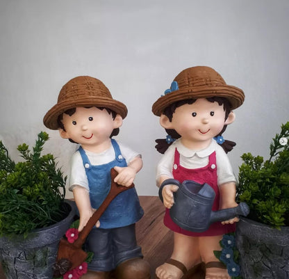 Cute Girl and Boy Planter Pots for Garden Decor, Outdoor Yard Statues, Polyester Garden Pot, Cute Planter Figurine, Boy Girl Flower Pot