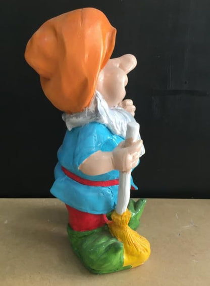 Happy Garden Gnome with Broom for Outdoor Decor, Garden Gnome Statue, Patio Gnome Figure, Gnome Decor, Broom Holding Gnome