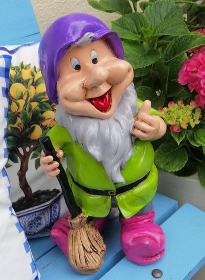 Happy Garden Gnome with Broom for Outdoor Decor, Garden Gnome Statue, Patio Gnome Figure, Gnome Decor, Broom Holding Gnome