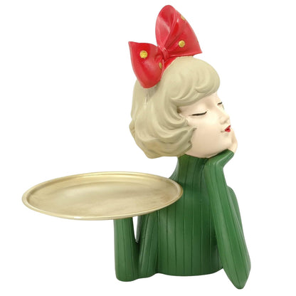 Handcrafted Girl Holding Tray Figure, Girl Sculpture With Tray Decor, Functional Girl Figurine With Tray, Decorative Girl Figurine For Gift, Girl Holding Tray Decor