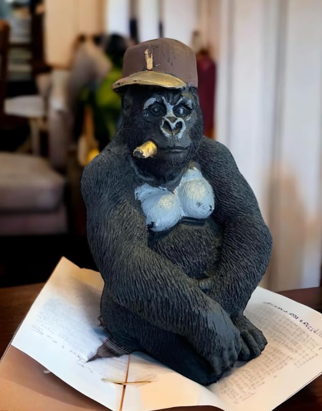 Smoking Gorilla Statue with Cap, Cool Gorilla Smoking Pipe Decor, Urban Style Gorilla Statue with Hat, Gorilla Statue with Cigarette and Cap