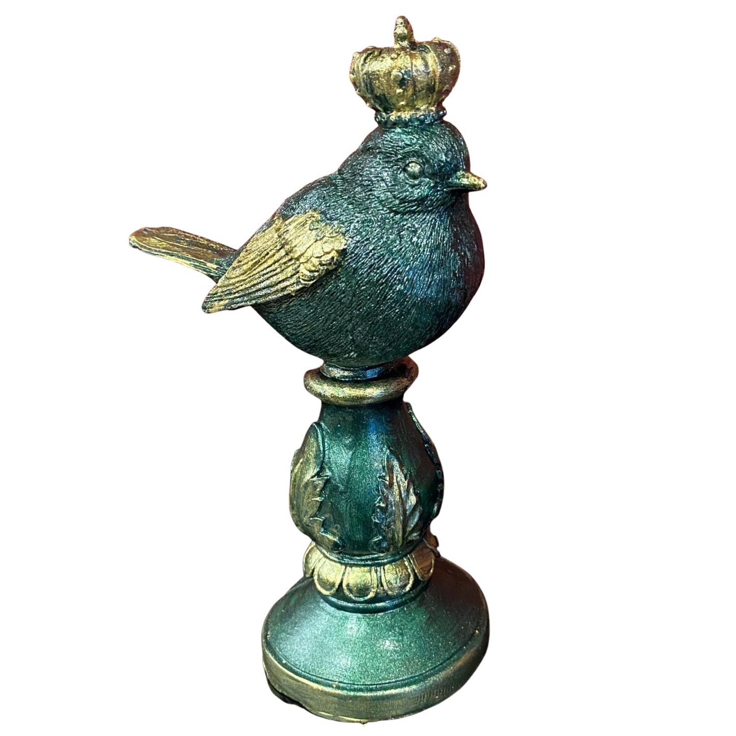 Vintage Crowned Bird Figurine on Leaf Base, Decorative Bird Statue, Bird Decor, Crowned Bird Decor, Bird Sculpture, Royal Bird Statue