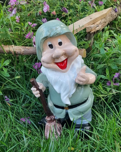 Happy Garden Gnome with Broom for Outdoor Decor, Garden Gnome Statue, Patio Gnome Figure, Gnome Decor, Broom Holding Gnome