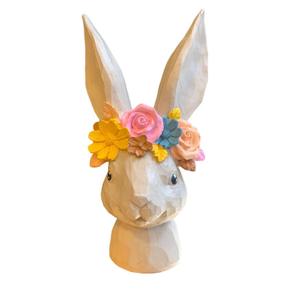 Hand-Painted Bunny Head Sculpture With Floral Crown, Whimsical Easter Decor, Bunny Head Sculpture, Easter Bunny Decor, Rabbit Head Decor, Easter Rabbit Decor, Rabbit Sculpture