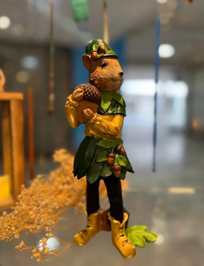 Squirrel Elf Statue, Whimsical Squirrel Statue, Polyester Squirrel Figurine, Cute Squirrel with Acorns Statue, Squirrel in Costume Figurine