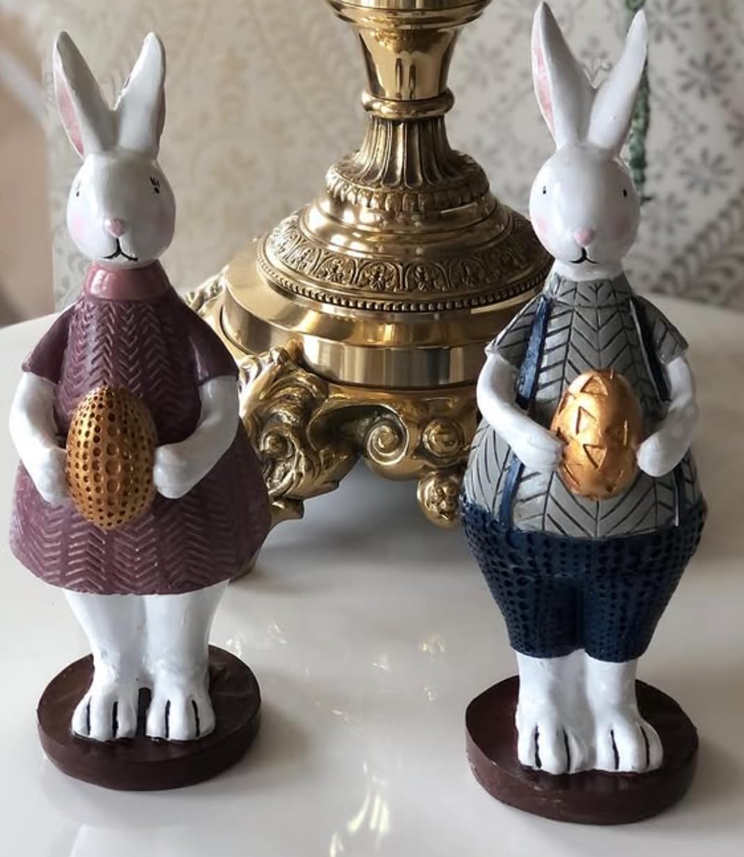 Handmade Easter Bunny Figurines with Colorful Eggs, Decorative Polyester Rabbits, Easter Bunny Figurines, Handmade Rabbit Statues, Easter Rabbit Sculpture