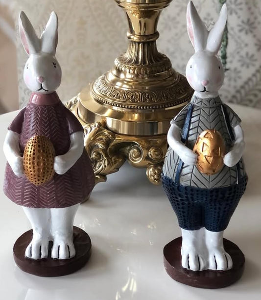 Handmade Easter Bunny Figurines with Colorful Eggs, Decorative Polyester Rabbits, Easter Bunny Figurines, Handmade Rabbit Statues, Easter Rabbit Sculpture