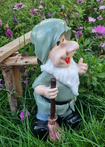 Happy Garden Gnome with Broom for Outdoor Decor, Garden Gnome Statue, Patio Gnome Figure, Gnome Decor, Broom Holding Gnome