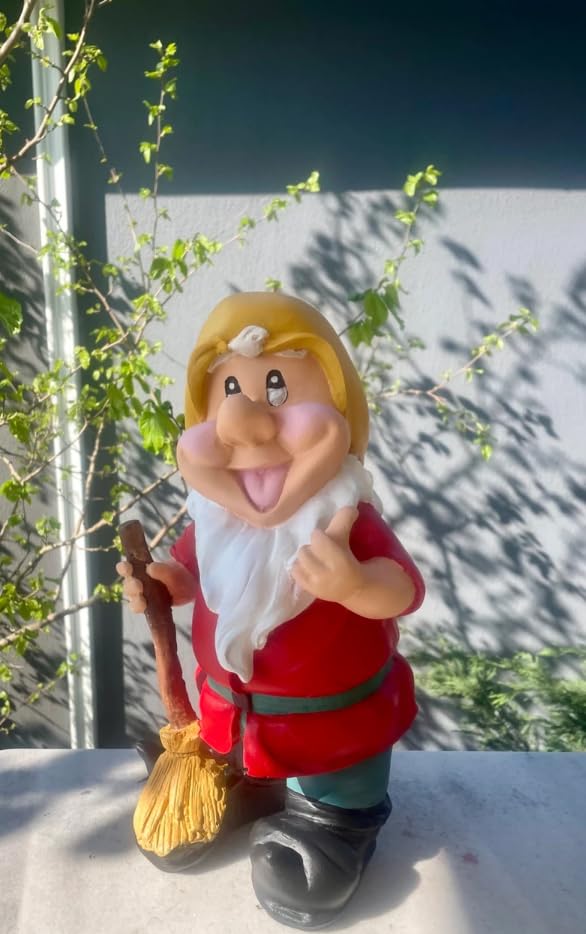 Happy Garden Gnome with Broom for Outdoor Decor, Garden Gnome Statue, Patio Gnome Figure, Gnome Decor, Broom Holding Gnome