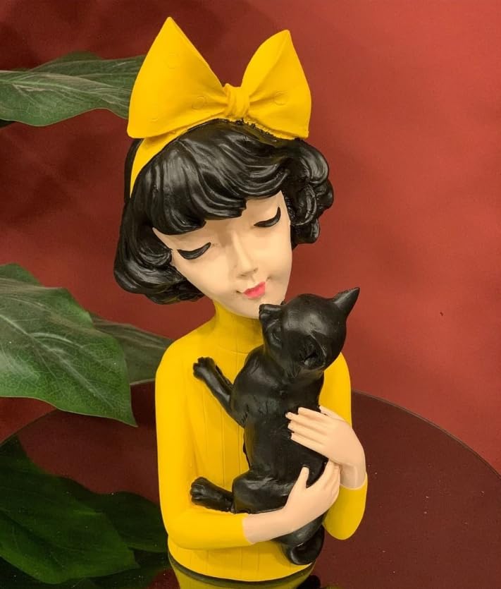 Girl With Cat Decor, Whimsical Decor Accent, Hand-painted Art Decor, Decorative Girl Statue, Cat Themed Home Decor, Girl and Pet Sculpture, Girl and Pet Decor