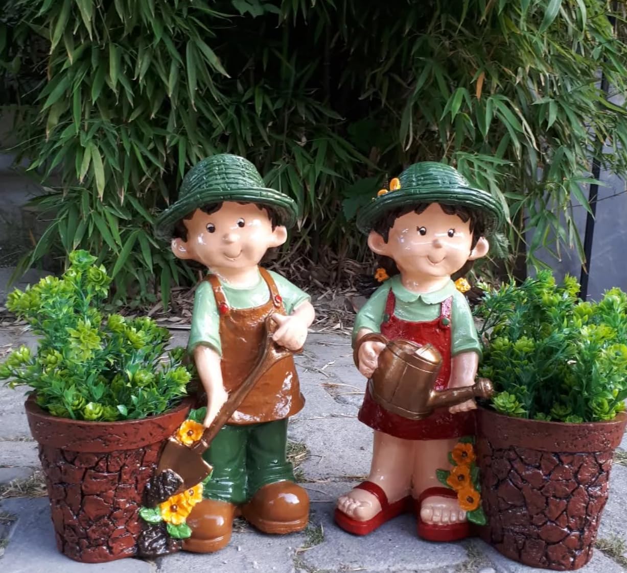 Cute Girl and Boy Planter Pots for Garden Decor, Outdoor Yard Statues, Polyester Garden Pot, Cute Planter Figurine, Boy Girl Flower Pot