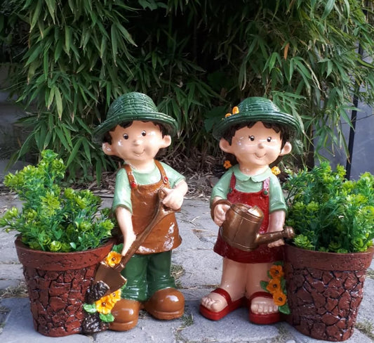Cute Girl and Boy Planter Pots for Garden Decor, Outdoor Yard Statues, Polyester Garden Pot, Cute Planter Figurine, Boy Girl Flower Pot