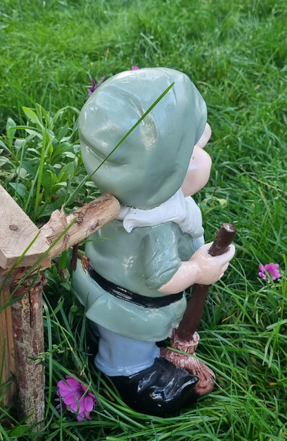 Happy Garden Gnome with Broom for Outdoor Decor, Garden Gnome Statue, Patio Gnome Figure, Gnome Decor, Broom Holding Gnome