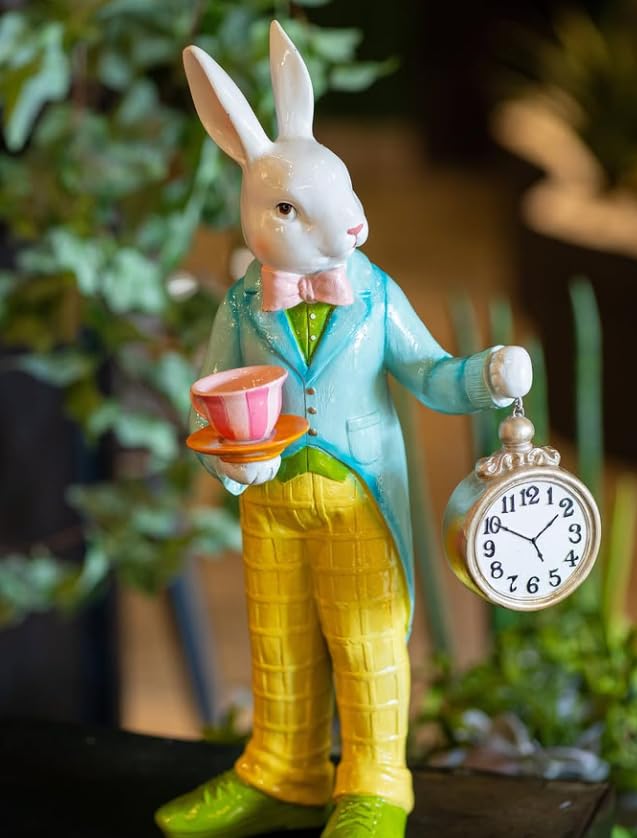 Alice in Wonderland Tea Time Rabbit Figurine, Rabbit Statue with Teacup & Clock, Rabbit Figurine, Wonderland Tea Party, Rabbit with Tea Cup