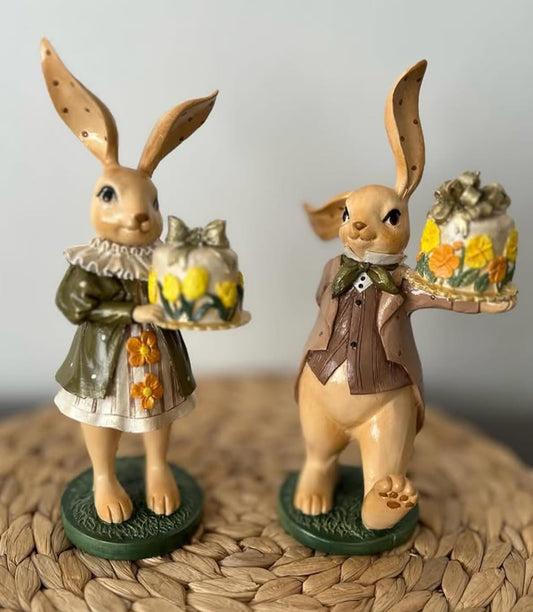Set of 2 Rabbit Figurines Holding Cake, Adorable Bunny Dessert Statues, Rabbit Cake Figurine, Bunny Holding Cake, Bunny Statue, Rabbit Decor, Rabbit Statue, Bunny Decor