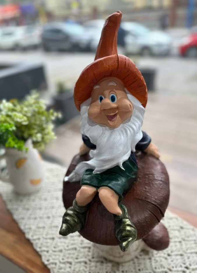 Garden Gnome Sitting on Red Mushroom Outdoor Decor, Garden Gnome Statue, Outdoor Garden Decor, Mushroom Gnome Figure, Fairy Garden Gnome, Garden Gnome Sculpture, Garden Gnome Decor