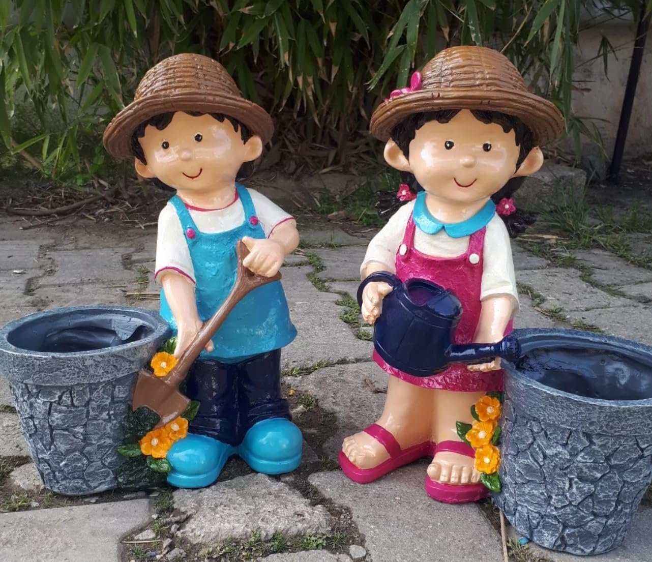Cute Girl and Boy Planter Pots for Garden Decor, Outdoor Yard Statues, Polyester Garden Pot, Cute Planter Figurine, Boy Girl Flower Pot