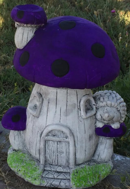 Whimsical Mushroom House Decor with Hedgehog, Toadstool House with Hedgehog, Mushroom Sculpture, Mushroom Statue with Hedgehog