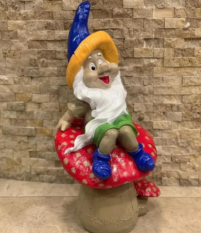 Garden Gnome Sitting on Red Mushroom Outdoor Decor, Garden Gnome Statue, Outdoor Garden Decor, Mushroom Gnome Figure, Fairy Garden Gnome, Garden Gnome Sculpture, Garden Gnome Decor