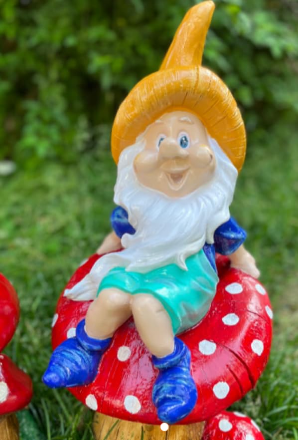 Garden Gnome Sitting on Red Mushroom Outdoor Decor, Garden Gnome Statue, Outdoor Garden Decor, Mushroom Gnome Figure, Fairy Garden Gnome, Garden Gnome Sculpture, Garden Gnome Decor