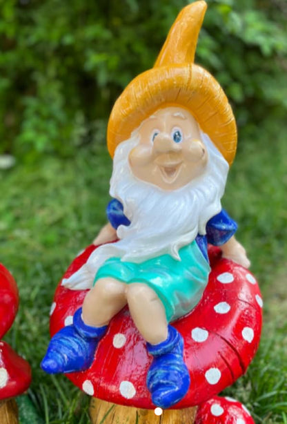 Garden Gnome Sitting on Red Mushroom Outdoor Decor, Garden Gnome Statue, Outdoor Garden Decor, Mushroom Gnome Figure, Fairy Garden Gnome, Garden Gnome Sculpture, Garden Gnome Decor