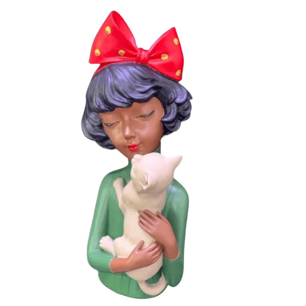 Girl With Cat Decor, Whimsical Decor Accent, Hand-painted Art Decor, Decorative Girl Statue, Cat Themed Home Decor, Girl and Pet Sculpture, Girl and Pet Decor