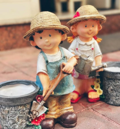 Cute Girl and Boy Planter Pots for Garden Decor, Outdoor Yard Statues, Polyester Garden Pot, Cute Planter Figurine, Boy Girl Flower Pot