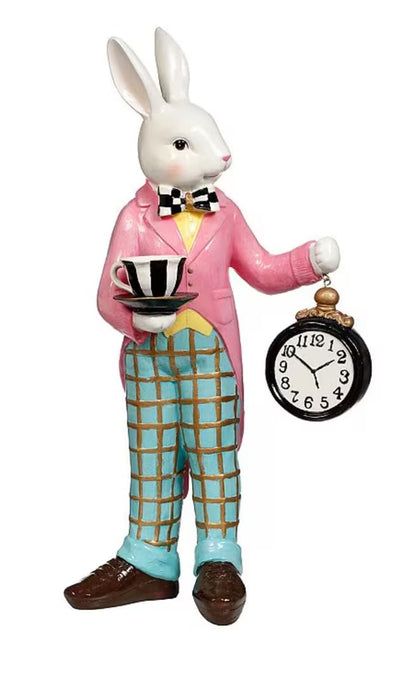 Alice in Wonderland Tea Time Rabbit Figurine, Rabbit Statue with Teacup & Clock, Rabbit Figurine, Wonderland Tea Party, Rabbit with Tea Cup