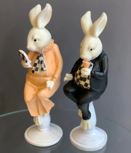 Rabbit Figurines Holding a Mirror, Rabbit Figurines Holding a Glass, Easter Bunny Decor, Easter Rabbit Decor, Easter Rabbit Sculpture, Easter Bunny Sculpture